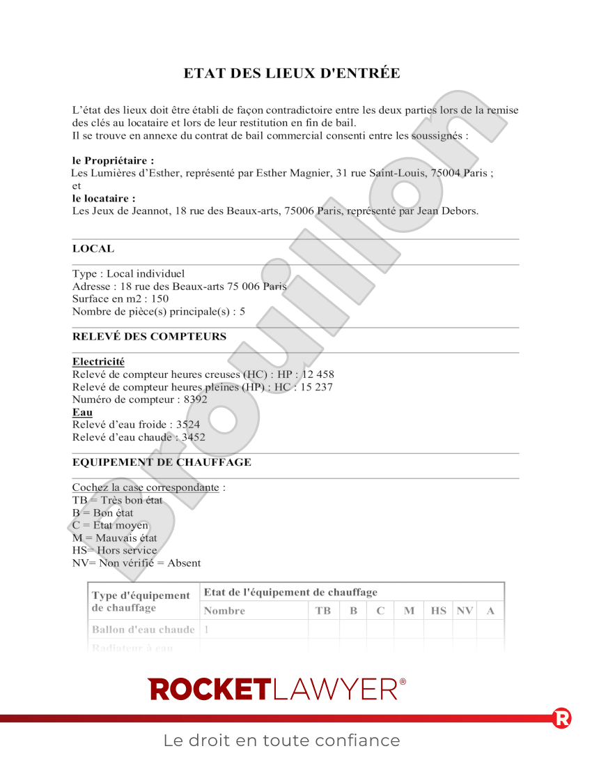 État des Lieux d'Entrée pour un local commercial ou professionnel Aperçu du document