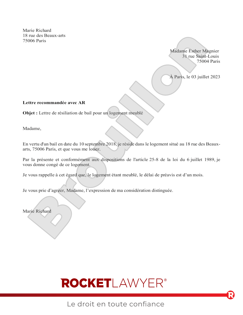 Résiliation de bail meublé Aperçu du document