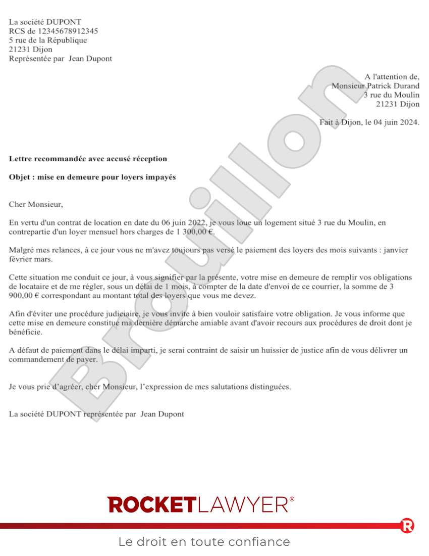 Mise en demeure pour loyers impayés (locataire) Aperçu du document