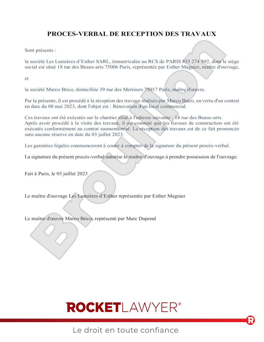 Procès-verbal de réception des travaux Aperçu du document