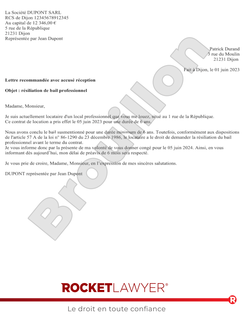 Résiliation du bail professionnel par le locataire Aperçu du document
