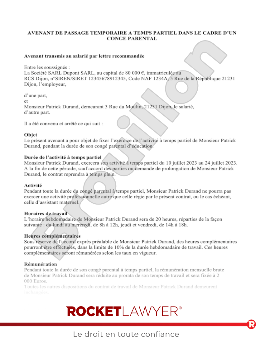 Avenant au contrat de travail : congé parental à temps partiel Aperçu du document