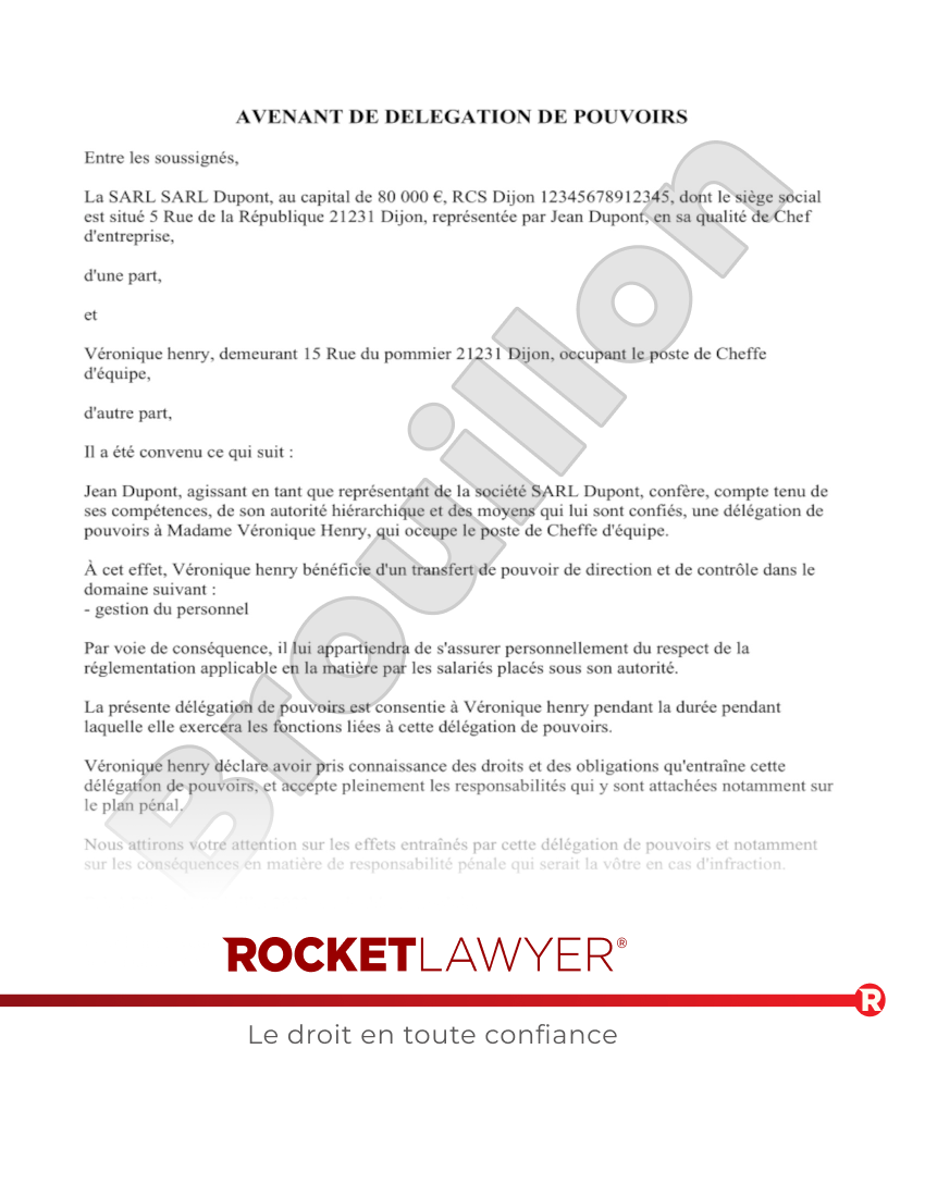 Avenant de délégation de pouvoirs Aperçu du document