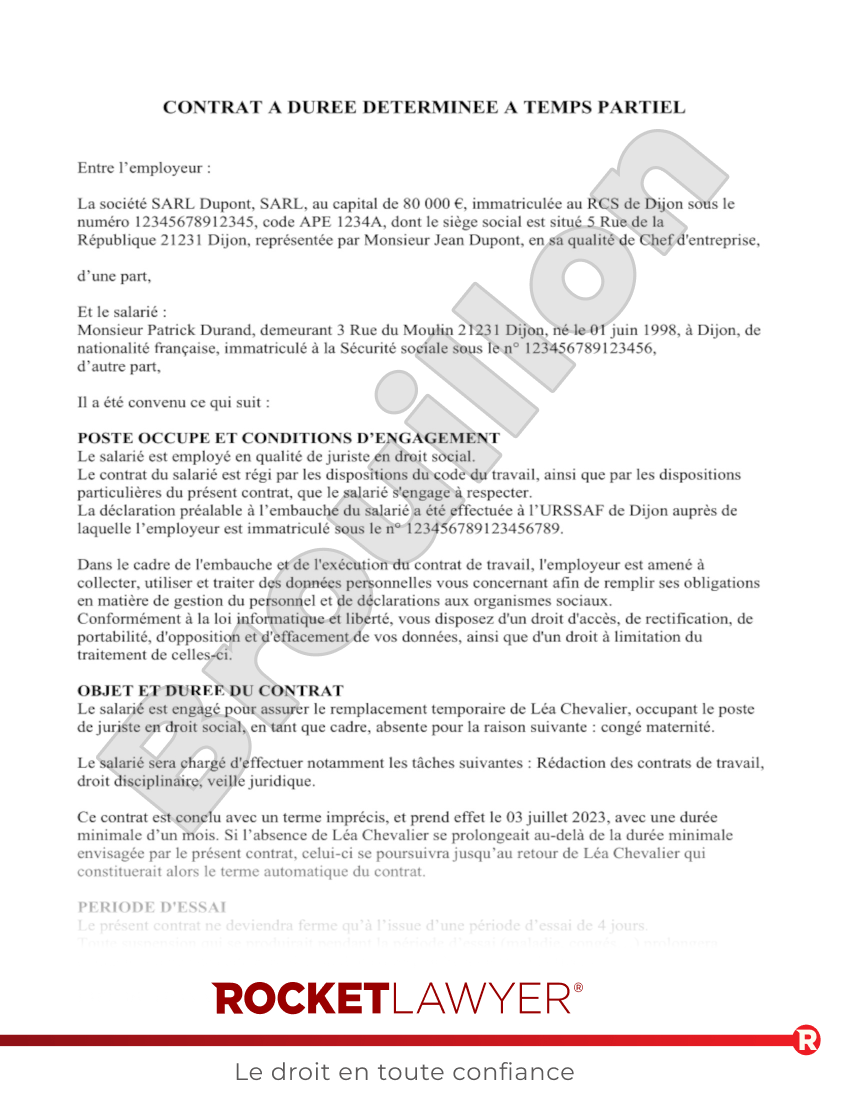 Contrat à durée déterminée (CDD) à temps partiel Aperçu du document