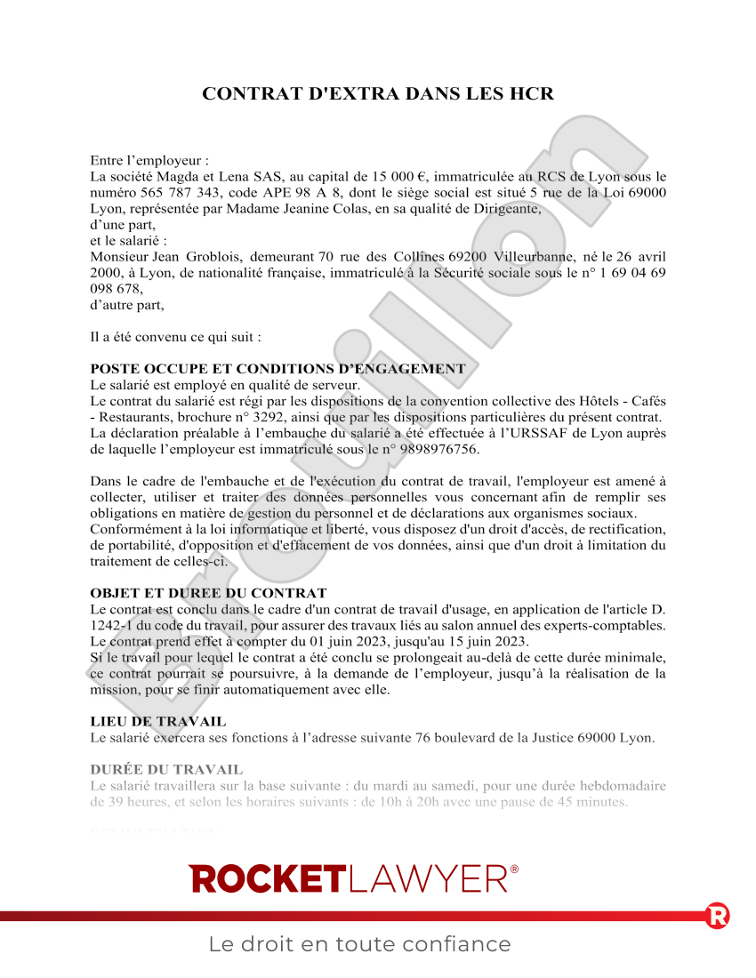 Contrat d'extra dans les HCR (hôtels, cafés, restaurants) Aperçu du document