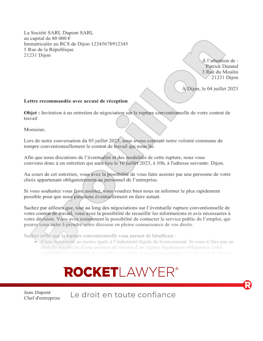 Convocation à l'entretien de rupture conventionnelle Aperçu du document