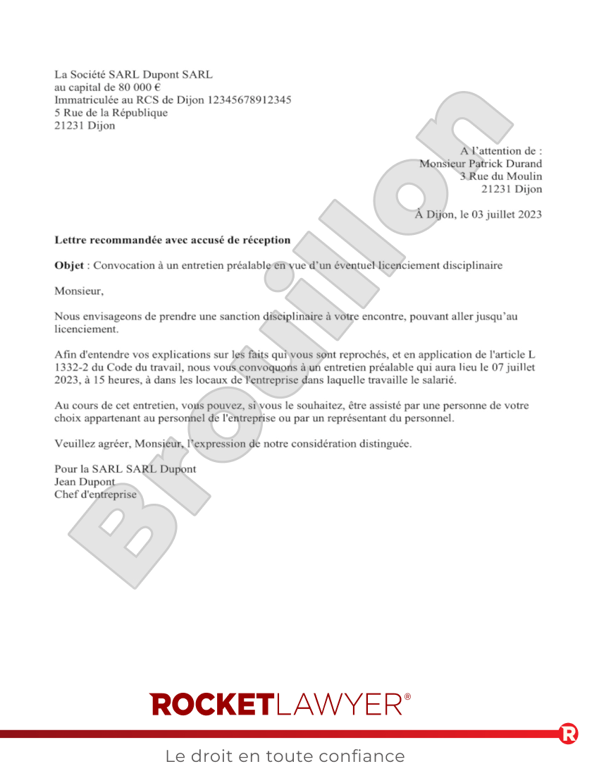 Convocation à l’entretien préalable pour un licenciement disciplinaire Aperçu du document