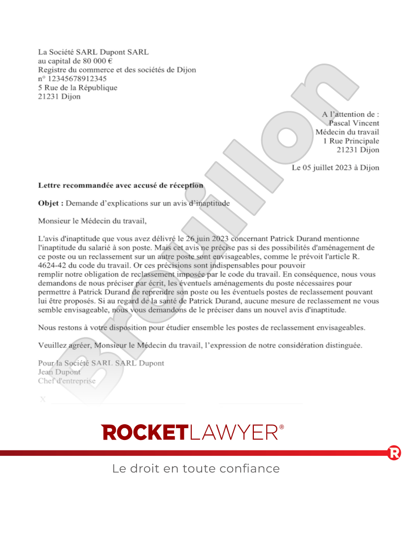Lettre de demande d’explications au médecin du travail sur l’avis d’inaptitude Aperçu du document