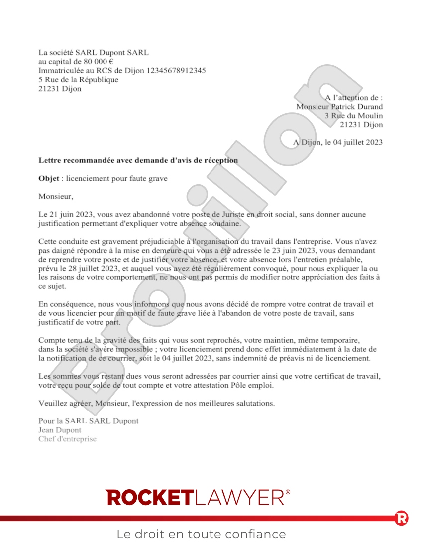 Lettre de licenciement pour abandon de poste Aperçu du document