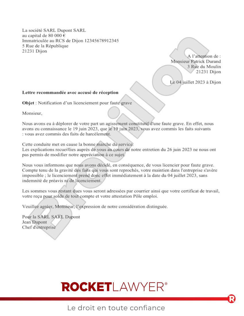 Lettre de licenciement pour faute grave ou lourde Aperçu du document