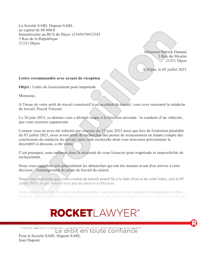 Lettre de licenciement pour inaptitude Aperçu du document