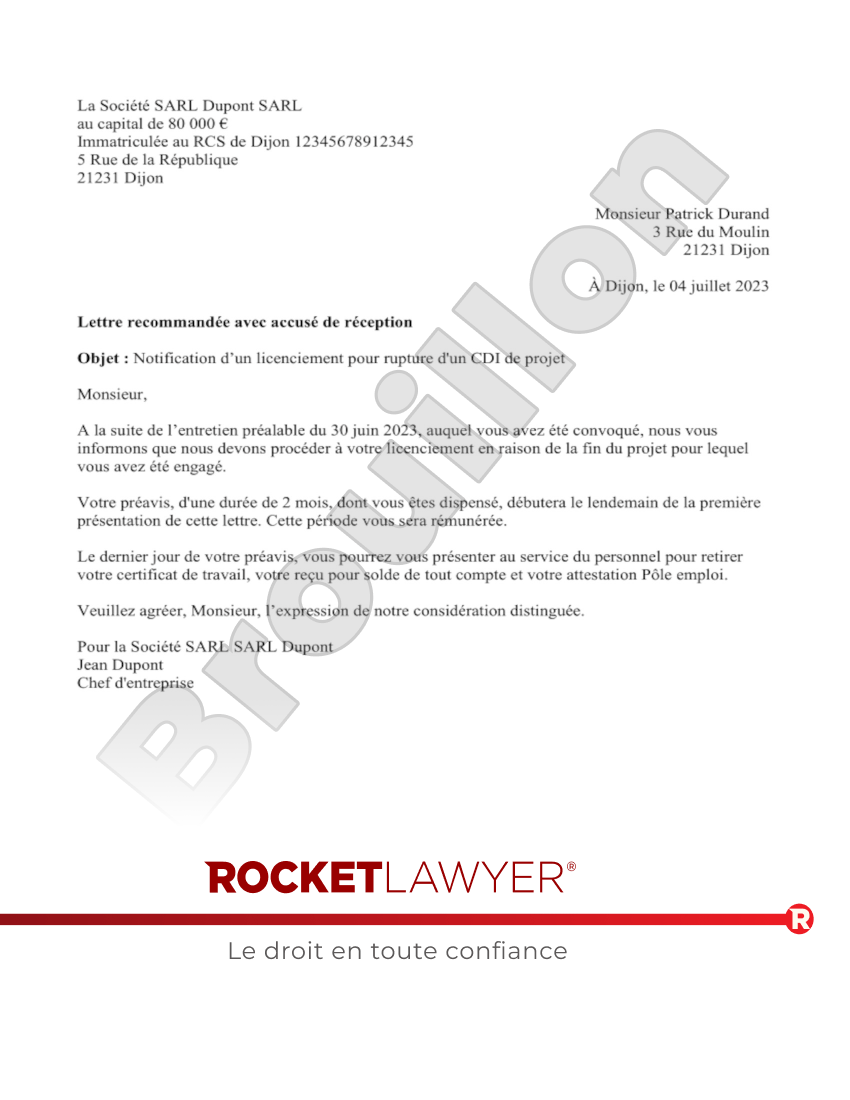 Lettre de licenciement pour un CDI de projet Aperçu du document