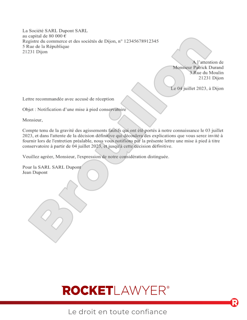 Lettre de mise à pied conservatoire Aperçu du document