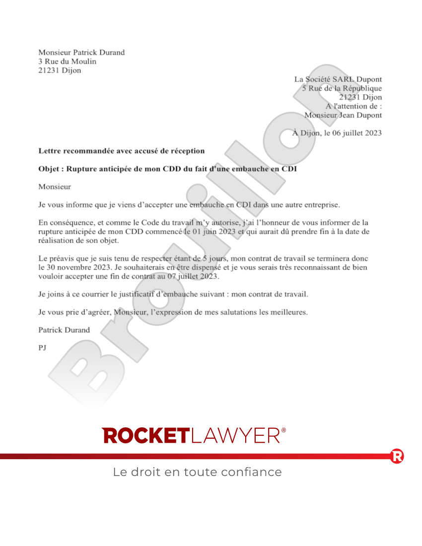 Lettre de rupture anticipée du CDD en cas d’embauche en CDI Aperçu du document