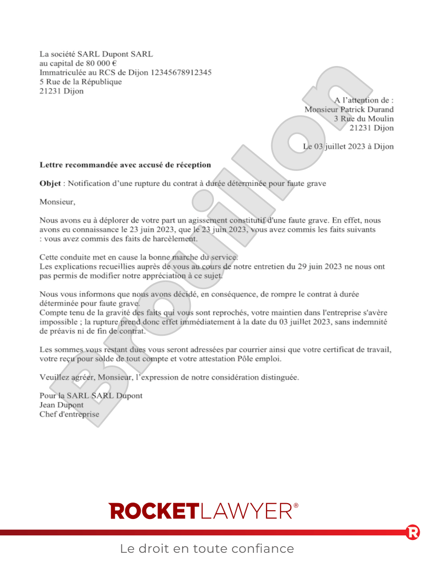 Lettre de rupture du CDD pour faute grave Aperçu du document