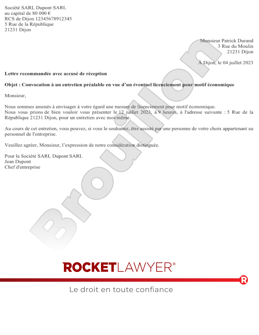Licenciement économique individuel : convocation à l'entretien préalable Aperçu du document