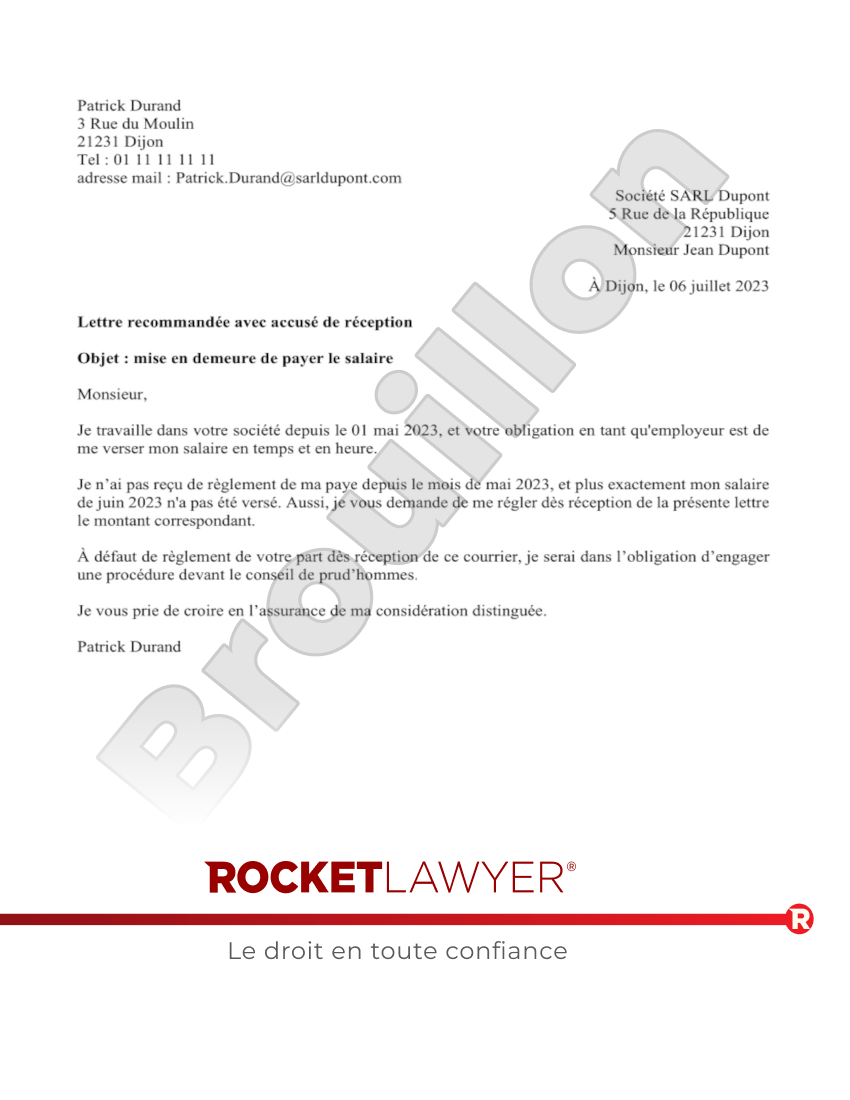 Mise en demeure de payer les salaires Aperçu du document