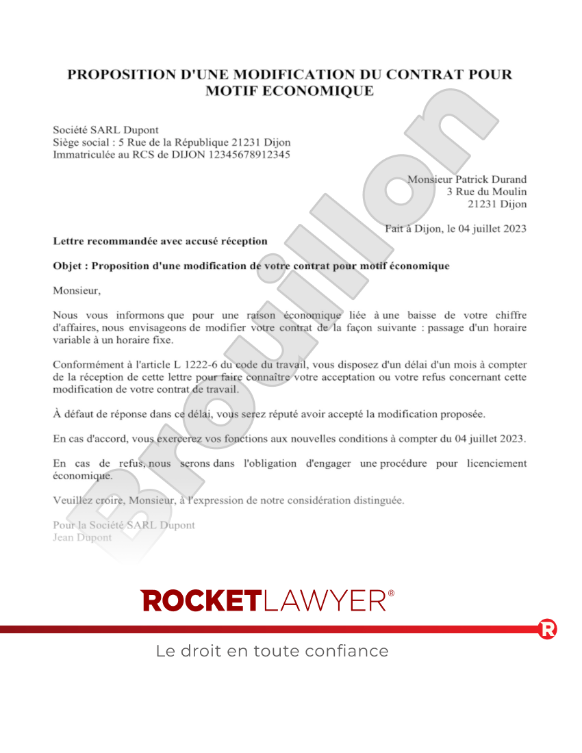 Proposition d'une modification du contrat de travail pour motif économique Aperçu du document