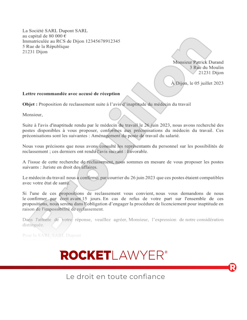 Proposition de reclassement au salarié Aperçu du document