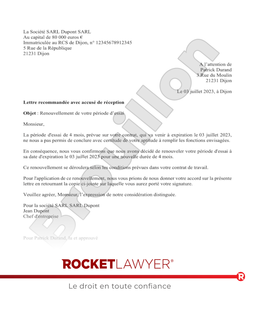 Renouvellement de la période d'essai Aperçu du document