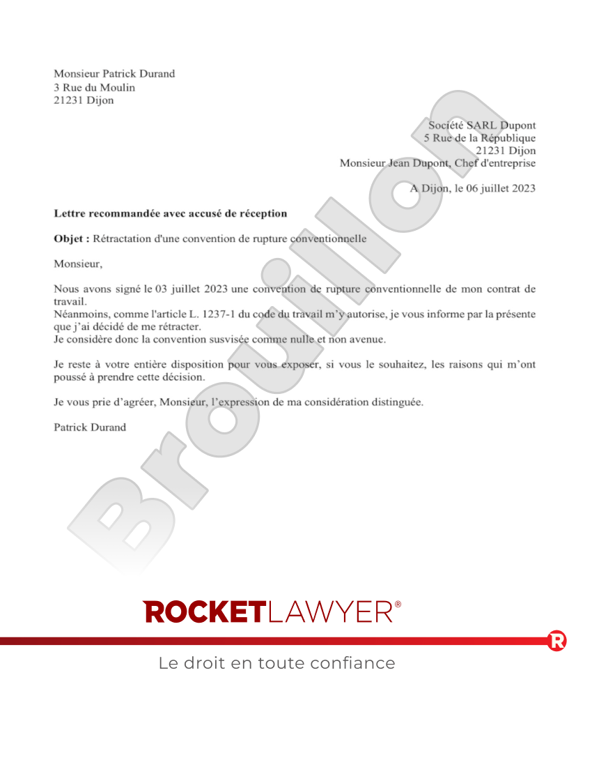 Rupture conventionnelle : lettre de rétractation du salarié Aperçu du document
