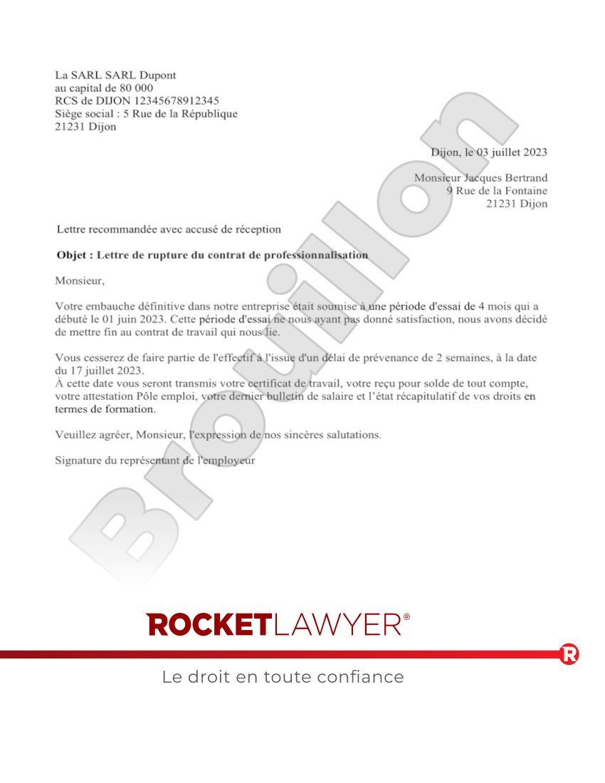Rupture du contrat de professionnalisation pendant la période d'essai Aperçu du document