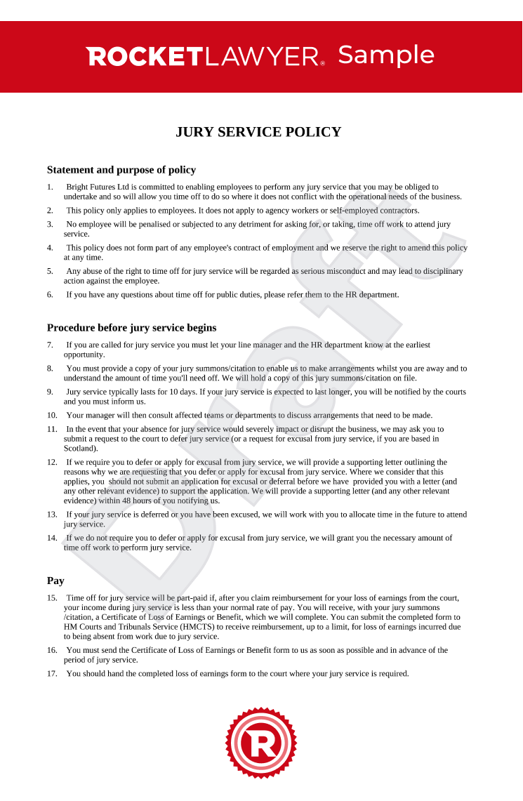 Jury Service Policy Template & FAQs Rocket Lawyer UK
