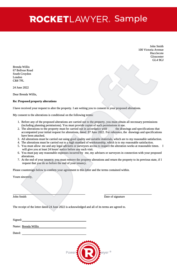 Landlord consent to alterations letter