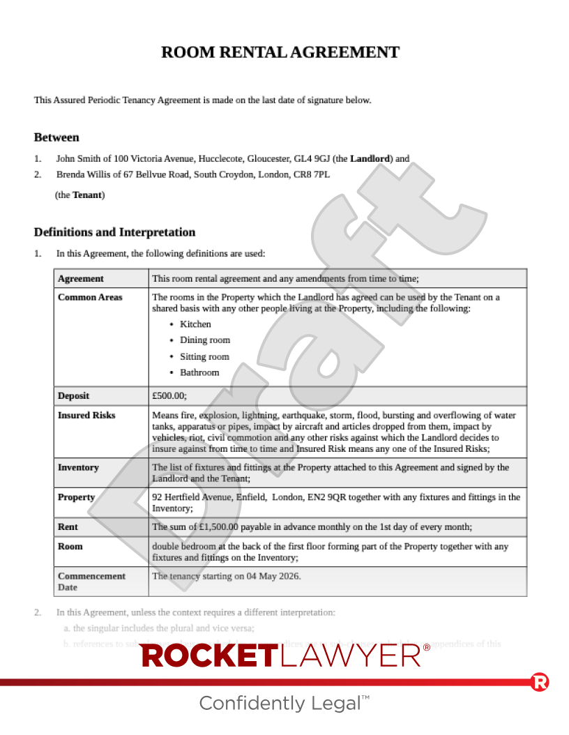 Room Rental Agreement document preview