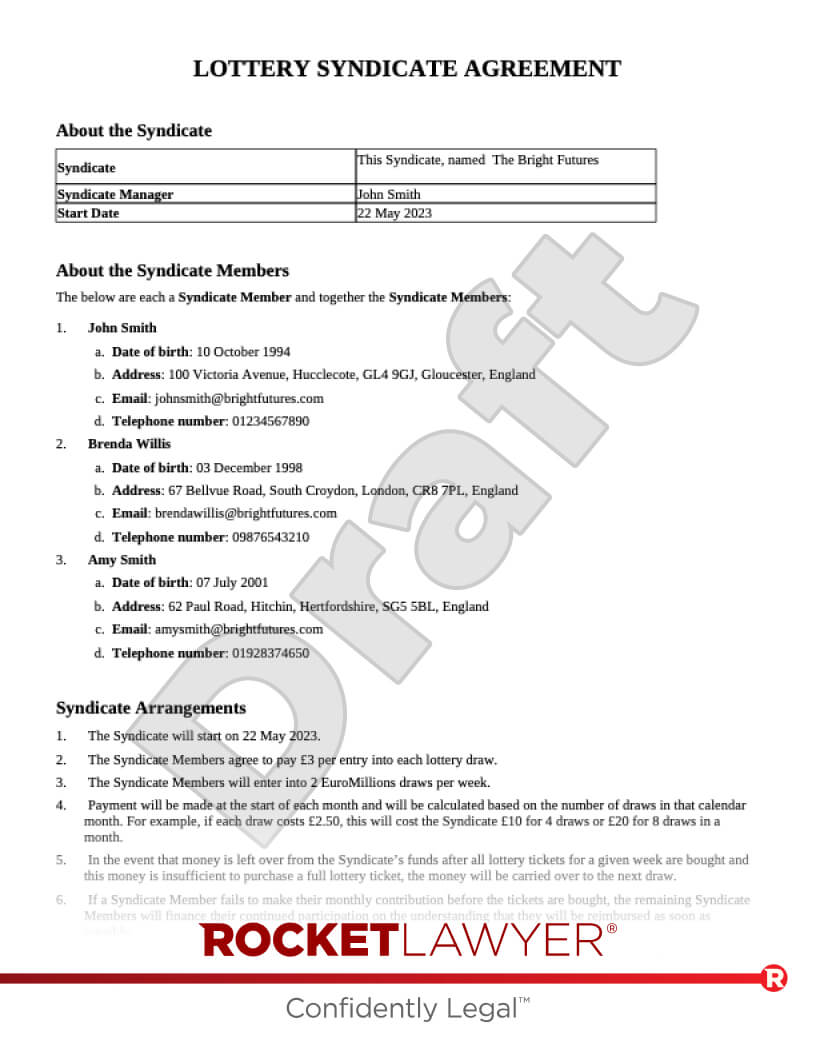 Lottery Syndicate Agreement document preview