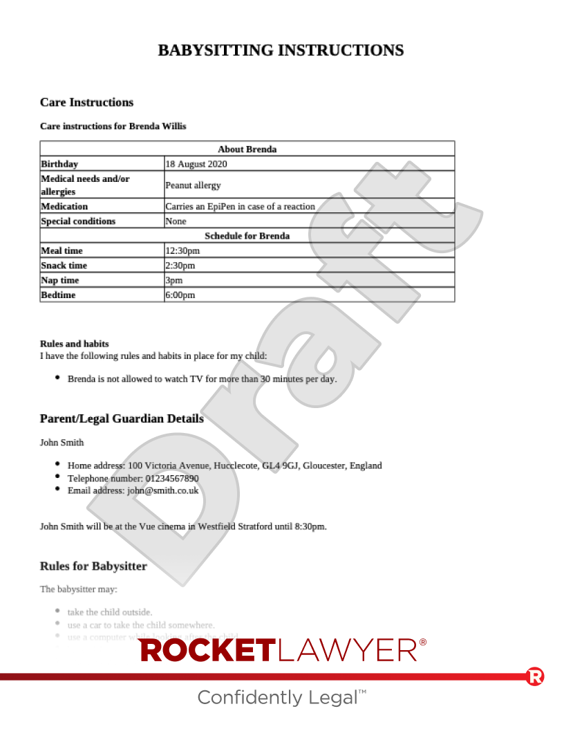 Babysitting Instructions document preview