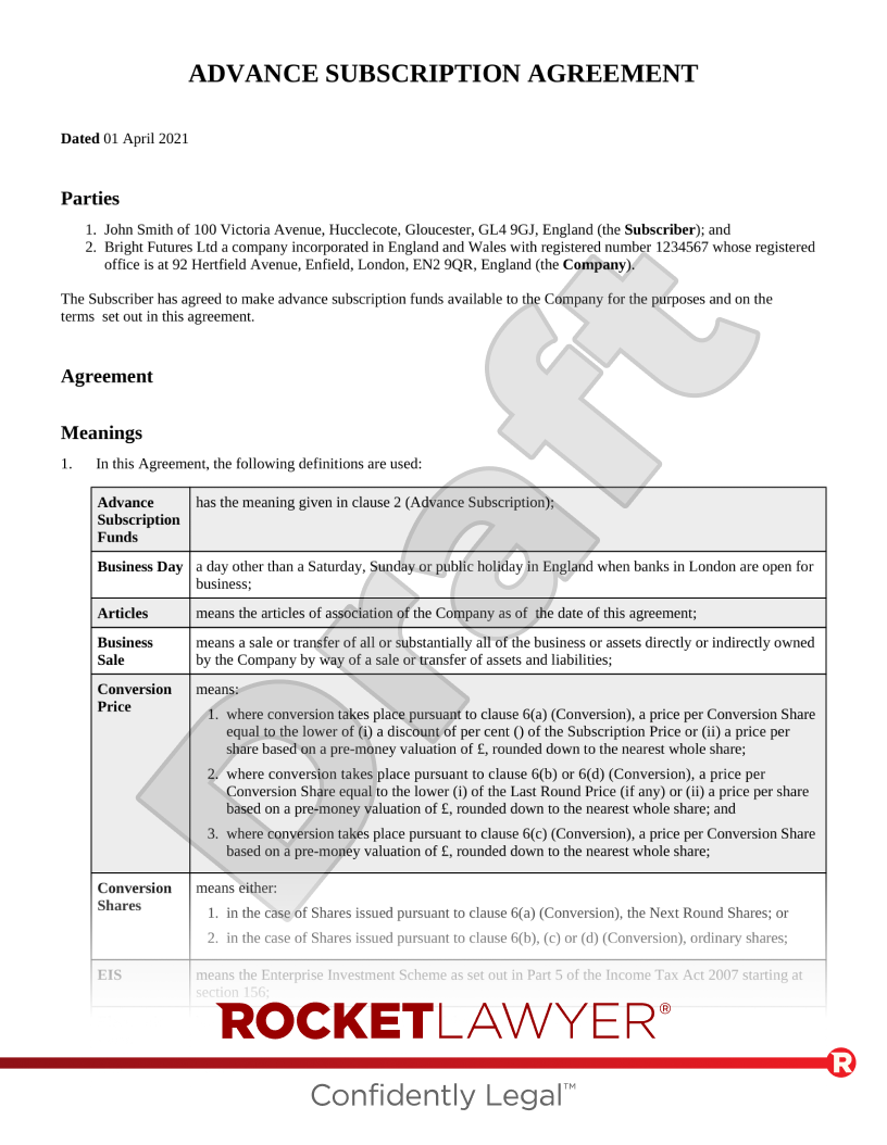 Advance Subscription Agreement document preview
