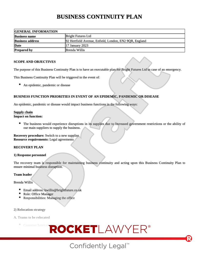 business continuity plan document sample