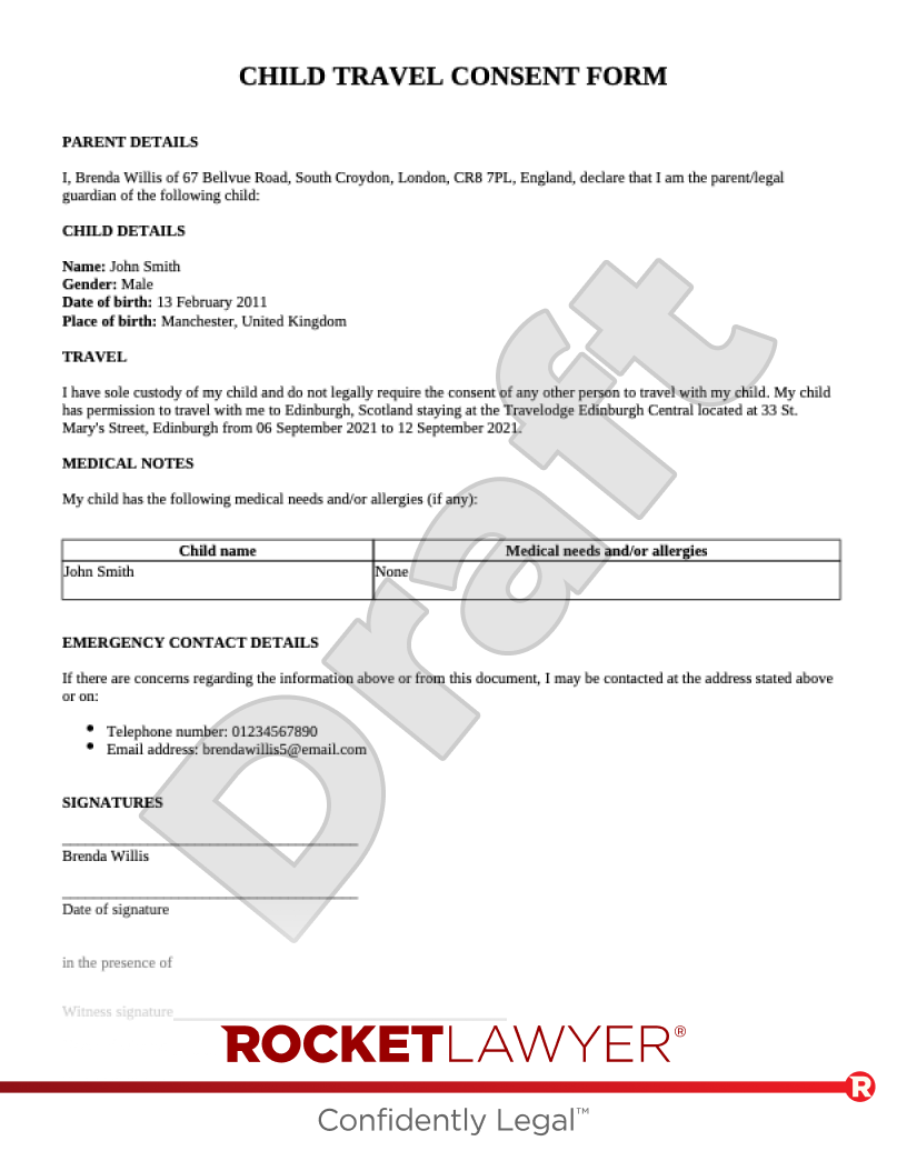 Child Travel Consent Form document preview