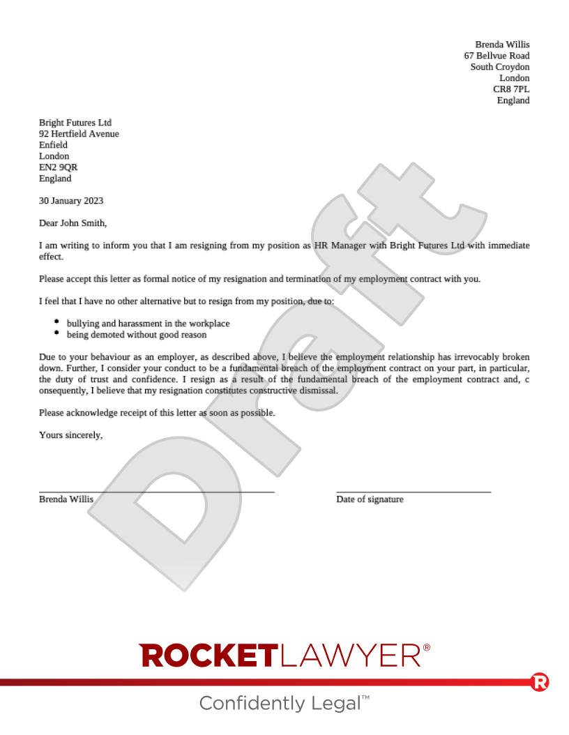 Constructive Dismissal Resignation Letter Template -  Portugal