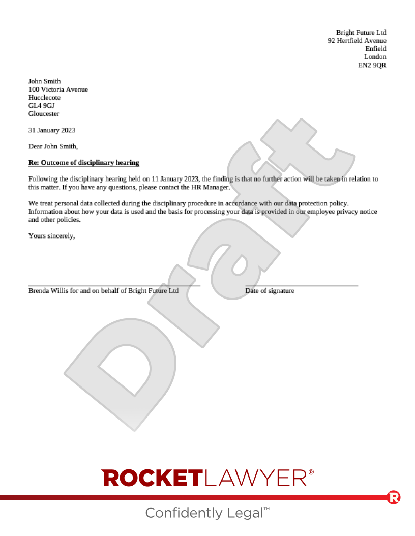 Disciplinary Outcome Letter for Misconduct - Warning or No Action document preview