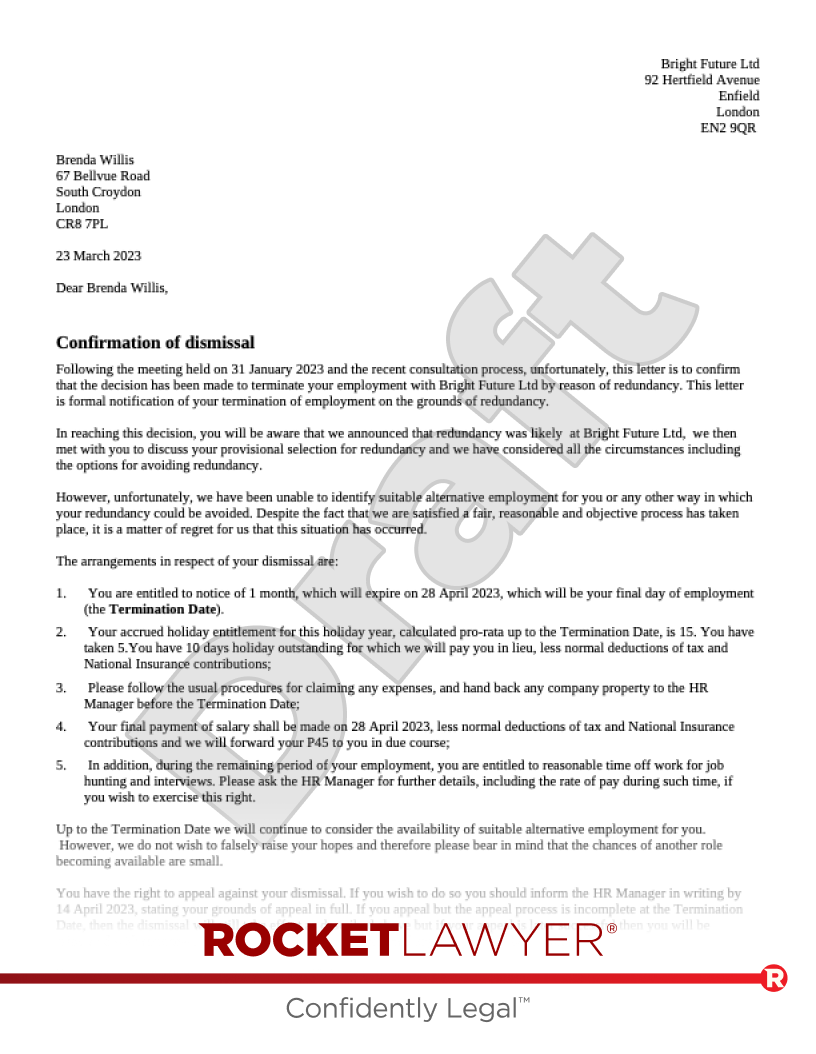 Dismissal for Redundancy Letter document preview