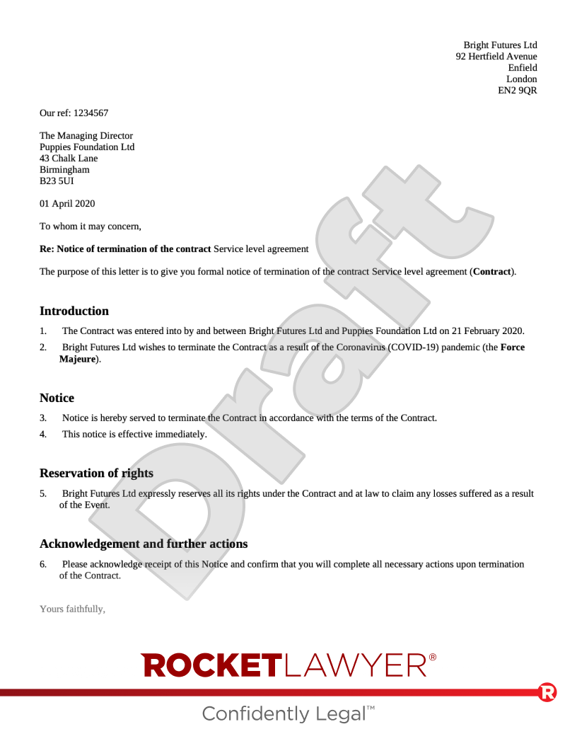 Force Majeure Contract Termination Letter document preview