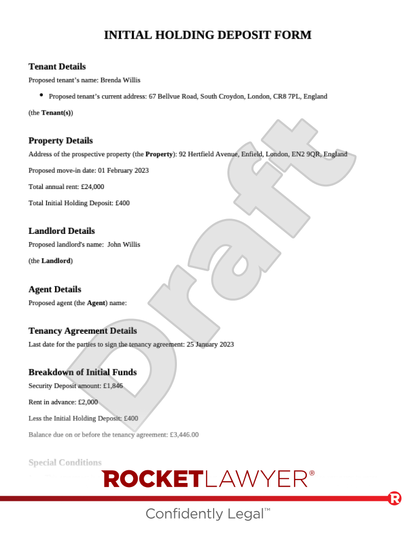 Initial Holding Deposit Form document preview