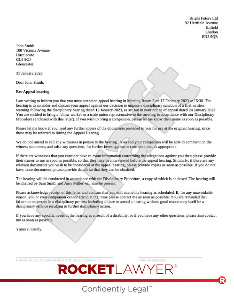 Invitation Letter to a Disciplinary Appeal Hearing for Misconduct document preview