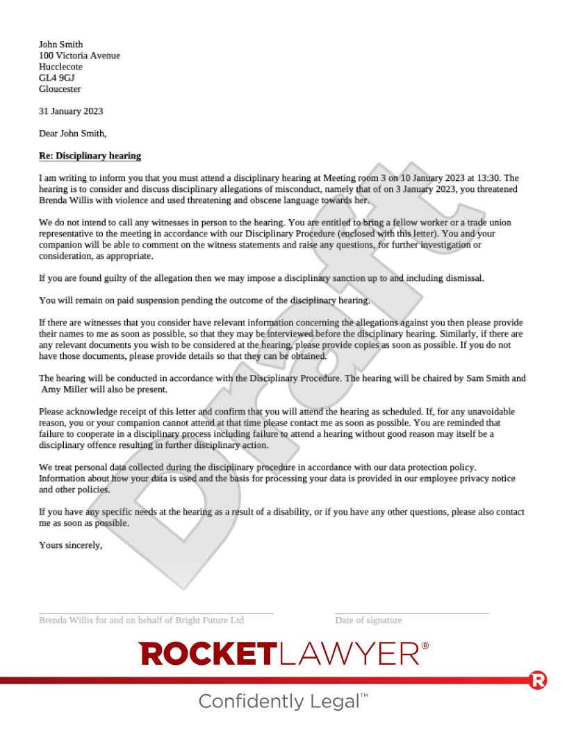 Invitation Letter to a Disciplinary Hearing for Misconduct document preview