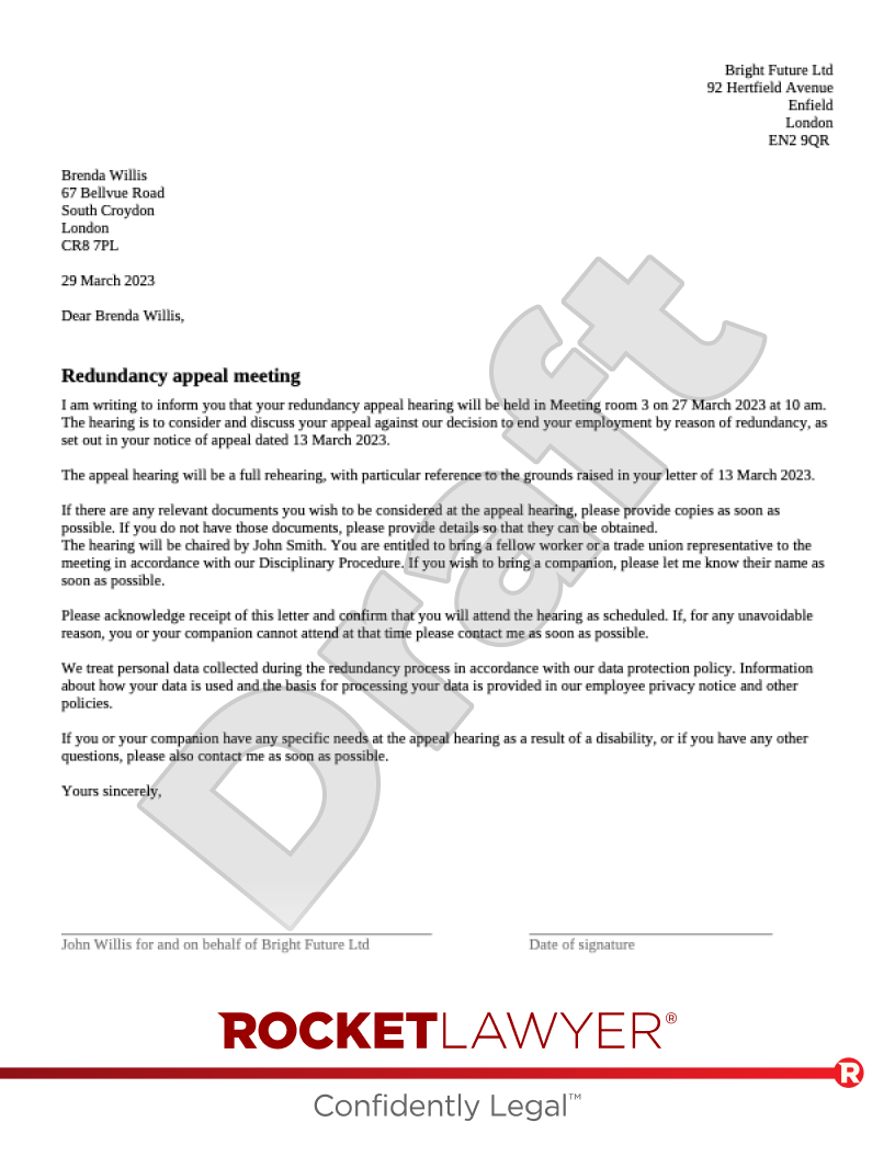 Invitation to a Redundancy Appeal Meeting Letter document preview