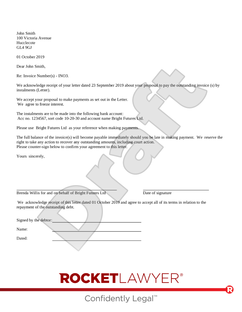 Letter Accepting Payment in Instalments document preview
