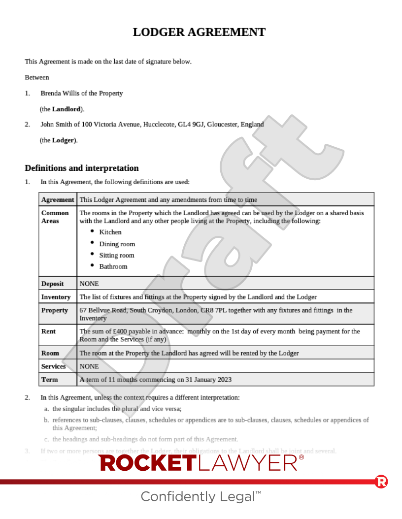Lodger Agreement document preview