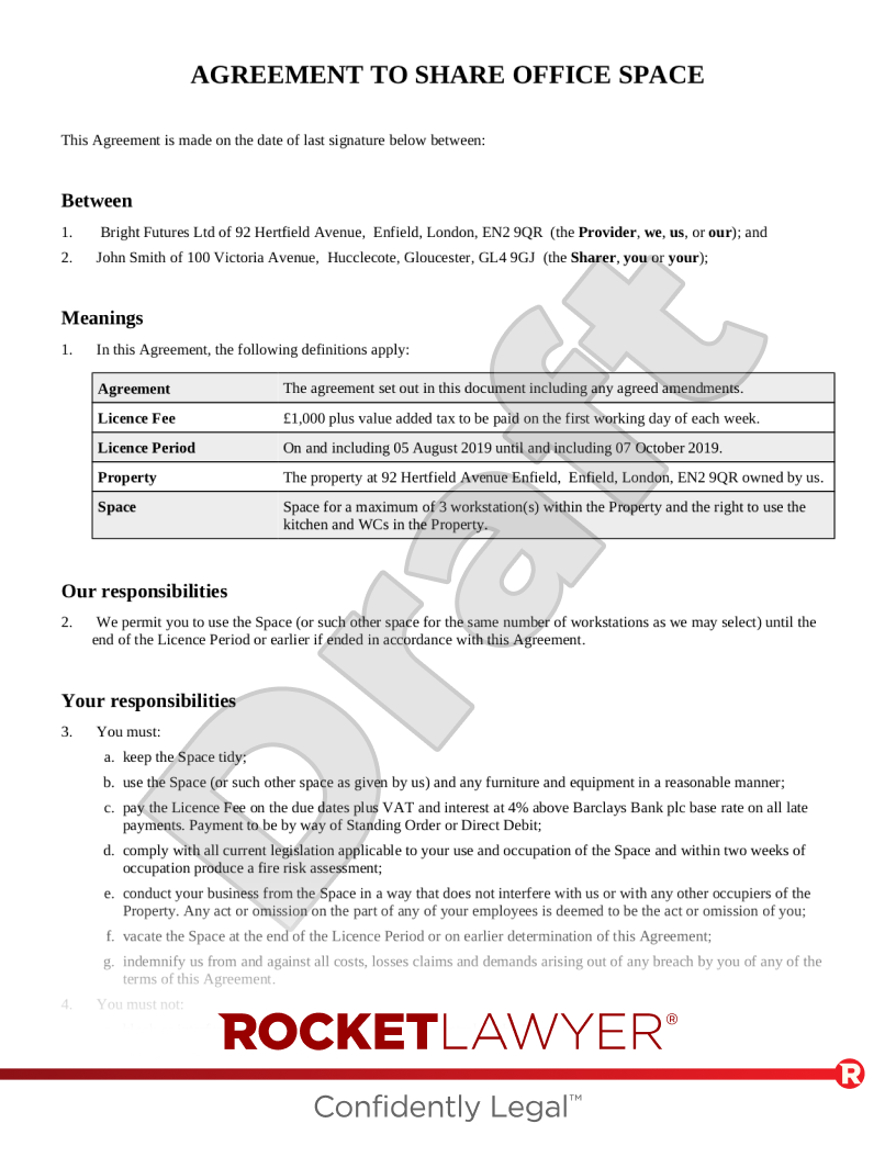 Office Sharing Agreement document preview