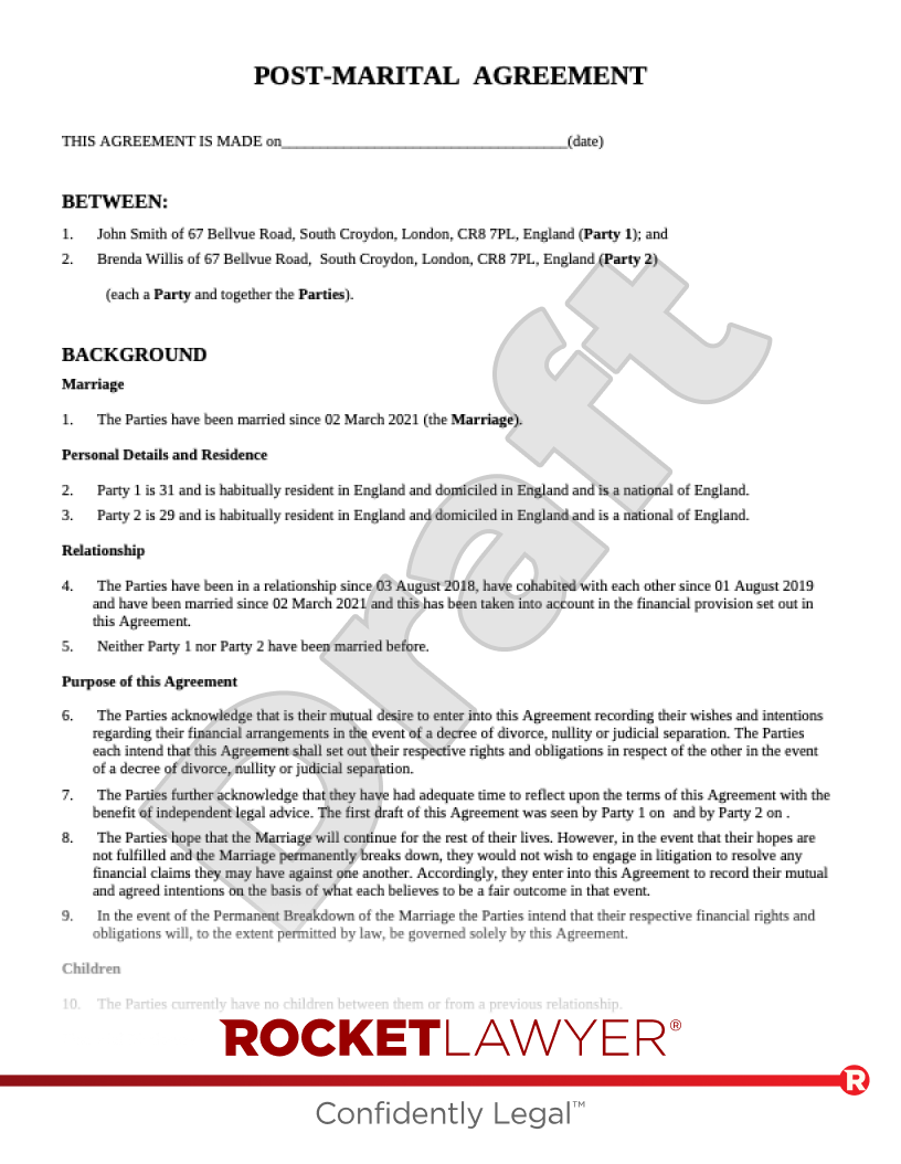 Postnuptial Agreement Template & FAQs Rocket Lawyer UK