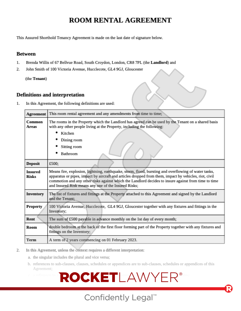 Room Rental Agreement document preview