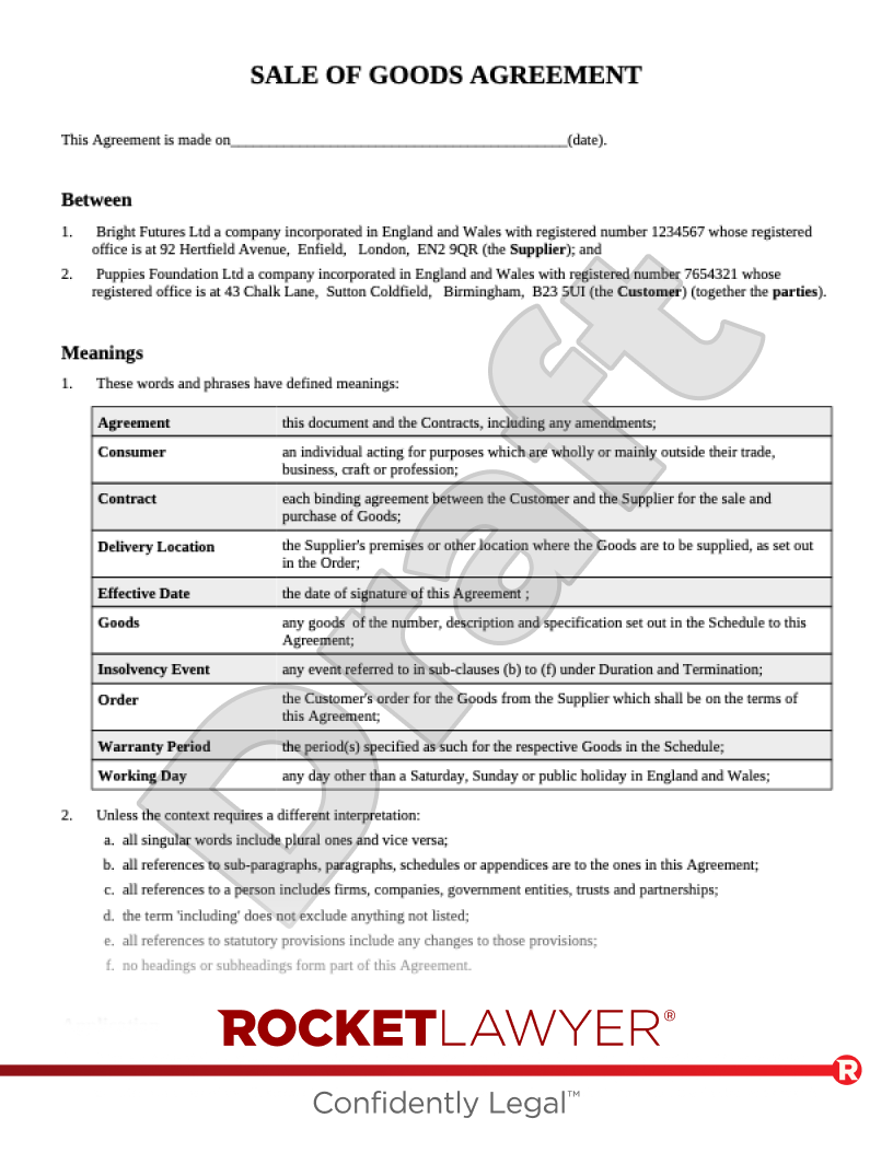 Sale Of Goods Agreement document preview