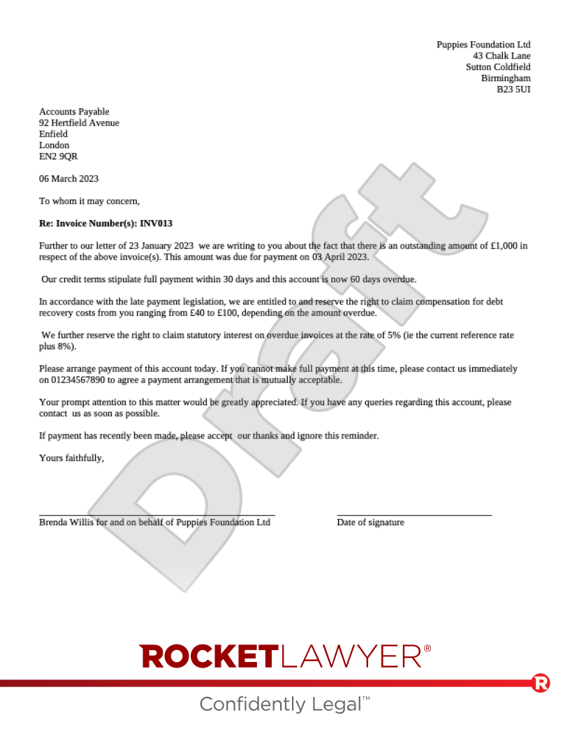 Second Debt Recovery Letter document preview