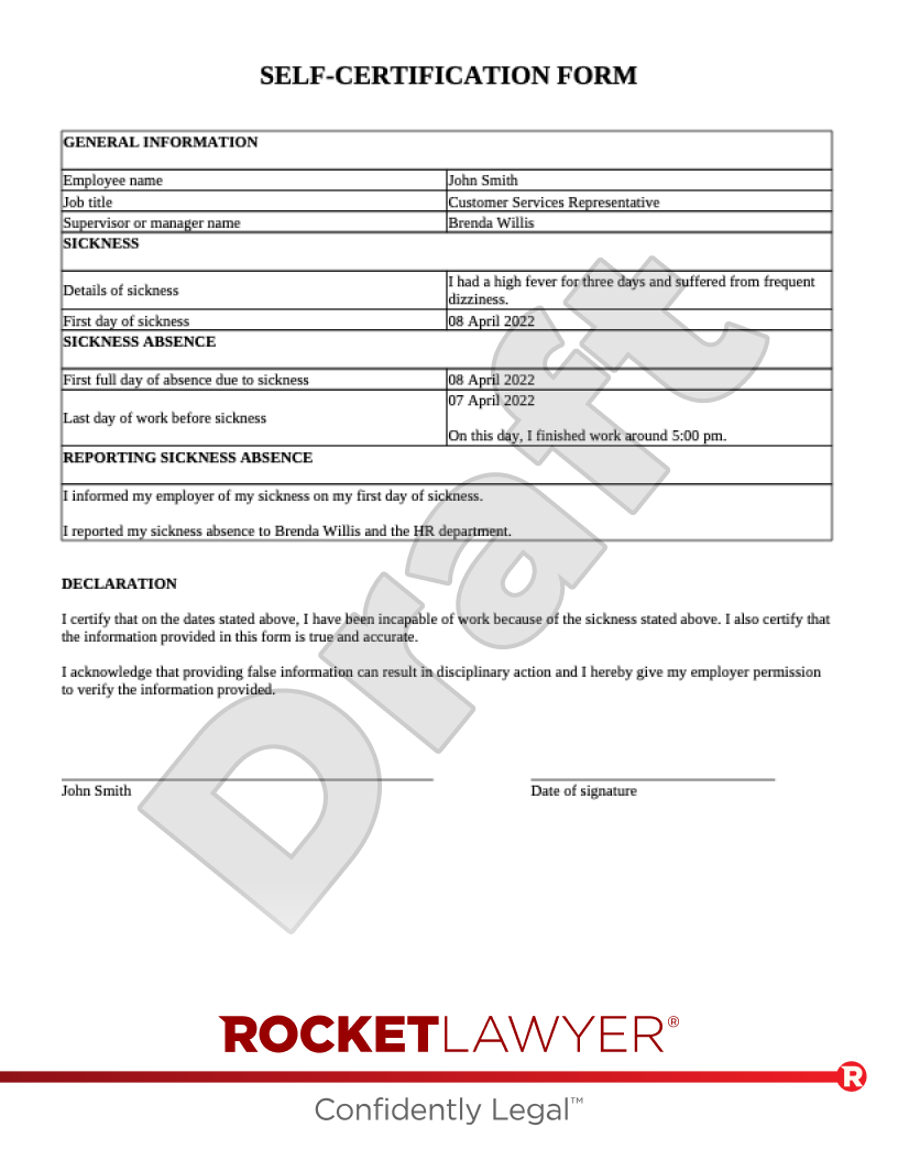 Self-Certification Form document preview